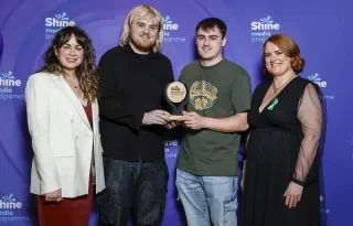 Cian Stanley and Tom Johnson with Shine Media Programme Lead Áine O’Meara and Shine CEO Nicola Byrne
