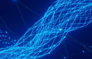 A glowing blue mesh of interconnected lines and dots forms a wave-like pattern against a dark background, conveying a futuristic digital theme.