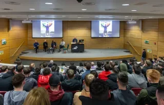 Chris Connolly addressing staff and students during his talk at DkIT