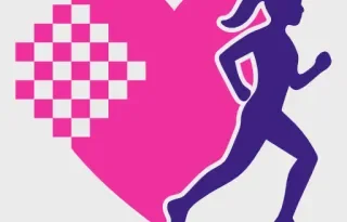 This logo contains an image of a pink heart and a purple silhouette of a woman jogging