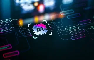 Blue holographic screen with AI square