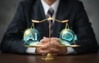 Balancing scales with AI and Brain in front of person in suit