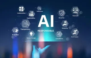 Blue screen with AI in the middle and list of trustworthy attributes