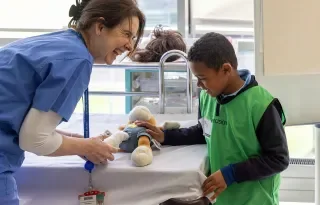 Teddy getting assessed at the DkIT Teddy Bear's Hospital 