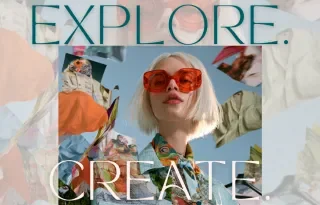 Wear Her Story promotional graphic showing a fashion collage with floating garment images and the words "EXPLORE. CREATE.".