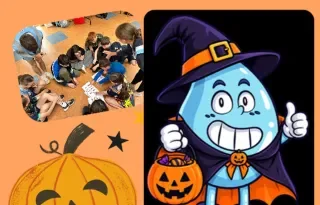 Free Halloween Camp poster showing children at play and a couple of cartoons