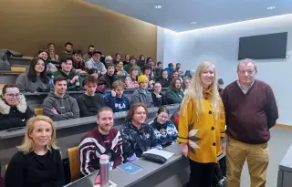Professor Pat Brereton with Dr Ingrid Lewis and DkIT students