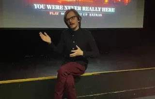 Terry Creagh speaking at An Tain film. 