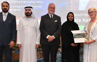 Angela Hamouda with Dr Musa Shaikh- Group CEO of Berkeley Middle East Holding. Khulood Shaban- Group CEO of Berkeley & Lords, Stefan Hofer - Chairman of Berkeley Middle East Investors Club and H.E. Salma Al Qubaisi - President of SALMA AL QUBAISI HOLDING.