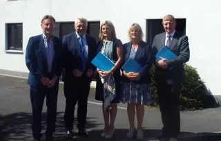The Joint Committee for Housing Planning and Local Government outside the Great Northern Haven, Dundalk, Co. Louth to launch 'Report on Housing Options for Older People'. [L-R: Peter Fitzpatrick, TD; Fergus O'Dowd, TD; Maria Bailey, TD, Committee Chair; Senator Grace O'Sullivan, Pat Casey, TD, Vice Chair].