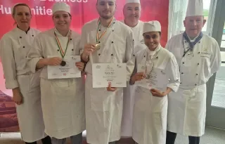 Daniella Schmidova, Ondrej Mer and Oshini Herath  pictured with their DkIT lecturers Alan Mc Cabe, Rosemarie Leonard and Michael Mc Namara
