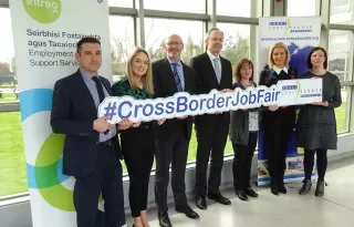 (L-R): Joe Lavery Co-ordinator EURES Cross Border Partnership; Olivia Black First Derivatives; Paul McArdle DEASP; Michael Mulvey, PhD, DkIT; Claire Mooney DfC;, Marion Woods Irish Life Financial Services and Catherine Staunton, Careers and Placement Officer at DkIT