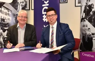 Pictured (from left) are Head of School of Informatics & Creative Arts at DkIT, Dr Gerard (Bob) McKiernan and Lorcan Dunne, Programme Director on the BA (Hons) in Film & Television Production at the official signing of the MOU with Film School Network at DkIT.  