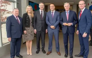 [L-R] Cllr Clifford Kelly; Minister Helen Louise McEntee, T.D.; DkIT President, Dr. Michael Mulvey; An Taoiseach Leo Vardkar, T.D.; Michel Barnier,  European Chief Negotiator for the UK Exiting the EU; Minister Simon Coveney T.D.