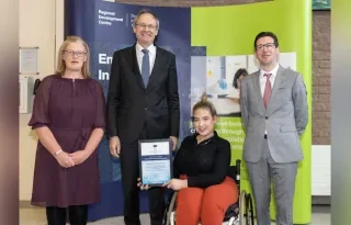 DkIT Lecturer, Angela Hamouda, DkIT President Michael Mulvey, PhD, DkIT Community Youth Work Students with the European Enterprise Promotion Awards 2019 