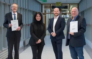 Pictured are (l-r) Dr Michael Mulvey, DkIT President, Hilary Moran, The Fintech Corridor, Aidan Brown, DkIT and Peter Rowan, Yapstone at the signing of new partnership at DkIT Campus