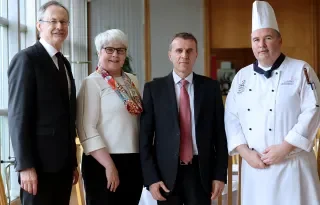  Pictured [from left to right] are Michael Mulvey, PhD, DkIT President; Brainain Erraught, Head of Department of Hospitality Studies, DkIT; Stéphane Crouzat, French Ambassador to Ireland and Alan McCabe, Culinary Arts Programme Director, DkIT at the Good France-Ireland event in DkIT.