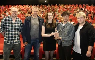 Filmmaker Frankie Fenton who presented the award  and the winning crew Jaroslav Jankovskij, Claire Smyth, Michael Coady, Jack Healy (missing from pic are James Clegg & Raymond Sherry).  