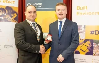 Pictured (from left) are David Hatchett, Control System Engineer at Combilift & Vice Chair of Engineers Ireland, North East with 2019 Peter Rice Award Winner, Daniel McWall who is a graduate of BSc in Electrical & Electronic Systems Graduate at  DkIT