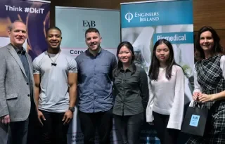 (L-R) Neil Mc Loughlin (Technology Transfer Manager DkIT), Emmanuel Olandunjoye (Mechanical Eng. 3), Eoin Reilly (Mechanical Eng. 3), (Wendy) Yi Ching, Khong (Accounting & Finance. 3) Yu Nan Teng (Accounting & Finance. 3) and Yvonne Brady (EVB Sport) 