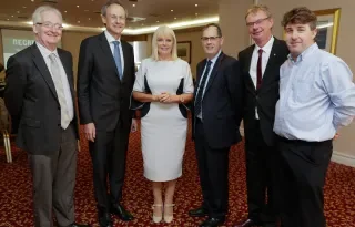 (R-L) Dr Gerard (Bob) McKiernan, Head of School of Informatics and Creative Arts; Dr Michael Mulvey, DkIT President;  Minister of State for Higher Education, Mary Mitchell O’Connor TD; Dr Brendan Ryder, Head of Department of Visual and Human-Centred Computing; Mr Peter Gosling, DkIT Computing Lecturer & MegaDojo Co-ordinator. 
