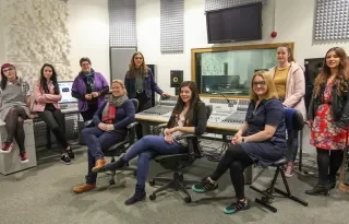 Left to right - Ellie May Bopp, BA (Hons) Production of Music and Audio student; Shannon O’Brien, MA Music Technology; Claire Fitch, Composer Sound Design Games and Programme Director, MA/MSc in Music Technology at DkIT; Ann Marie Hanlon musicologist and Programme Director, BA (Hons) in Applied Music / Lecturer in Music at DkIT; Ciara Power, BA (Hons) Applied Music student; Sarah Haque; Hilary Mullaney Composer, Electroacoustic Music; Lena Byrne; Hollie Delahan, BA (Hons) in Applied Music student