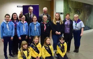 Front – Naomh Bhuite Brownies; Middle from left Monasterboice Guides and Senior Branch with their leaders Antoinette Rourke, Marie Taylor and Olivia Holden; Back – Michael Mulvey, DkIT President, Tom Dooley, Head of School of Engineering 