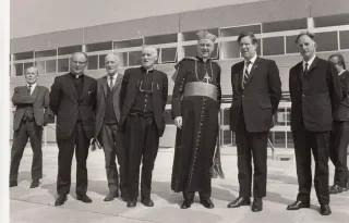 Official Opening May 1971: L to R Cormac McGahon (Architect) Rev. D. Campbell,  Adm. Dundalk J. McGahon (Architect) Mons. McKevitt (Chairman V.E.C.) Cardinal Conway Mr P. Faulkner (Minister for Education) M. Z Mac Confaola (C.E.O.)