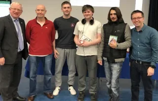 (L -R) Professor Vincent Cunnane; President of LIT), Derek O Reilly; Academic mentor, James Farrell; Student mentor, Luke Halpenny, Vilandas Morrissey and Liam Noonan; Competition organiser.  