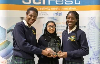 Loreto Secondary School (Balbriggan) students’ Laetitia Nouaha, Sidra Shahzad, Melissa Asare who won Best Project