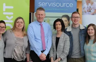 DkIT-Servisource Scholarship winners with Myles Hackett, Head of Department of Nursing, Midwifery and Health Studies at DkIT and Sinead Kieran, Marketing Manager at Servisource