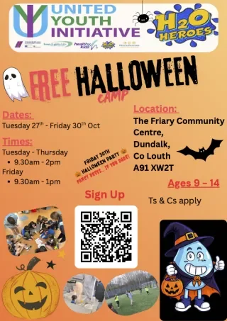 Free Halloween Camp poster listing the event details and a QR code to scan for more information
