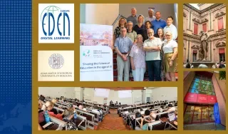 Selection of images from the EDEN conference, including buildings, participants and a lecture hall