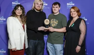 Cian Stanley and Tom Johnson with Shine Media Programme Lead Áine O’Meara and Shine CEO Nicola Byrne
