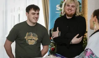 Cian Stanley and Tom Johnson speaking with Estela Vidal, Shine's Head of Advocacy