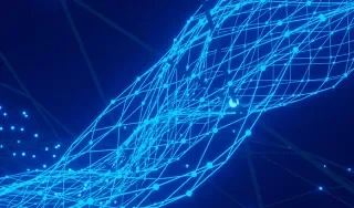 A glowing blue mesh of interconnected lines and dots forms a wave-like pattern against a dark background, conveying a futuristic digital theme.