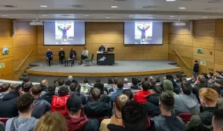 Chris Connolly addressing staff and students during his talk at DkIT