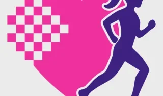 This logo contains an image of a pink heart and a purple silhouette of a woman jogging