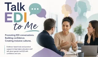 This image shows a group of people in conversation and contains text that says promoting EDI conversations, building confidence and creating inclusive cultures 