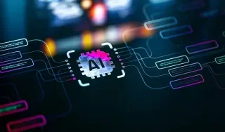 Blue holographic screen with AI square