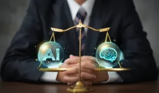 Balancing scales with AI and Brain in front of person in suit
