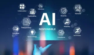 Blue screen with AI in the middle and list of trustworthy attributes