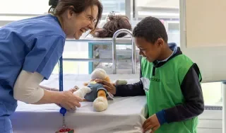 Teddy getting assessed at the DkIT Teddy Bear's Hospital 
