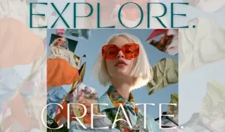 Wear Her Story promotional graphic showing a fashion collage with floating garment images and the words "EXPLORE. CREATE.".