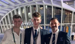James Hunt, who won a Medal of Excellence in Electrical Installations, pictured with his mentor Gerard Galligan and Sean McLoughlin, WorldSkills Electrical Installations Lyon competitor in 2024