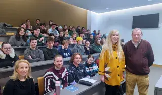 Professor Pat Brereton with Dr Ingrid Lewis and DkIT students