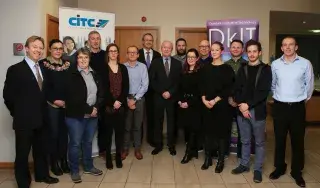 Participants of the first intake of the Cert in Data Analytics for Business meet with DkIT President, Michael Mulvey, PhD at its launch in the CITC