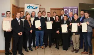 Participants of the Cert in Lean Six Sigma (Green Belt) receive their parchments from DkIT President, Michael Mulvey, PhD at the Cavan Innovation & Technology Centre.