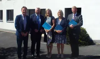 The Joint Committee for Housing Planning and Local Government outside the Great Northern Haven, Dundalk, Co. Louth to launch 'Report on Housing Options for Older People'. [L-R: Peter Fitzpatrick, TD; Fergus O'Dowd, TD; Maria Bailey, TD, Committee Chair; Senator Grace O'Sullivan, Pat Casey, TD, Vice Chair].