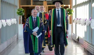 DkIT President, Micheal Mulvey PhD (Right) and DkIT Board of Governers Chair, Cllr Clifford Kelly (left) lead Procession at Dundalk Institute of Technology (DkIT) Conferring